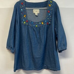 Tantrums Women's Plus Size 4X Blue Denim Top with 3/4th Length Sleeves